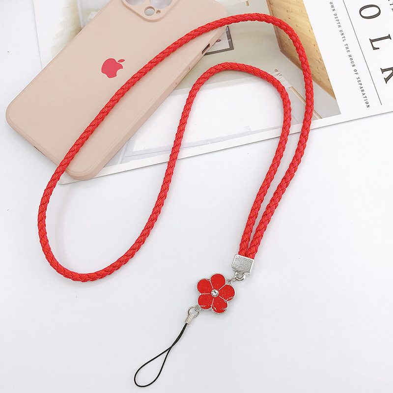 Yilian's new woven PU leather lanyard, plum blossom mountain camellia neck hanging, anti fall mobile phone chain for women
