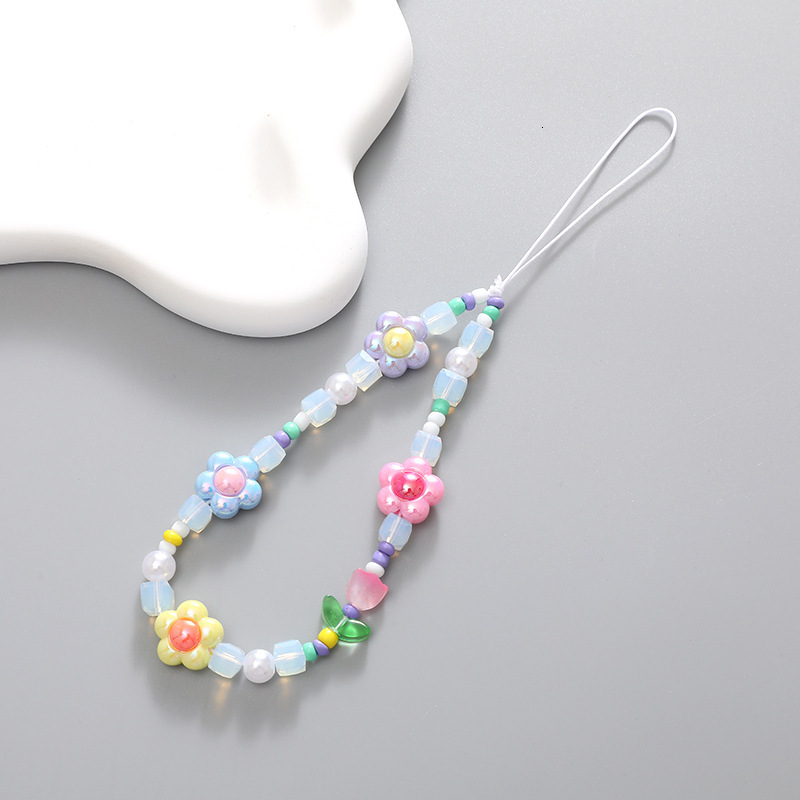 Korean version of early spring pink tulip flower girls, bead chain mobile phone case hanging ornament for girls