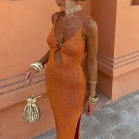 2024 spring/summer women's with elegant temperament, metal ring link hollow backless dress 8