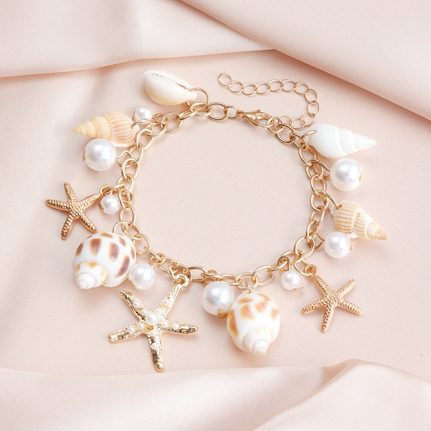 Pearl Shell Starfish Charm Bracelet For Women Gold Plated Zinc Alloy Chain Beach Jewelry Bohemain Ladies Party Birthday Gifts Valentine Jewelry