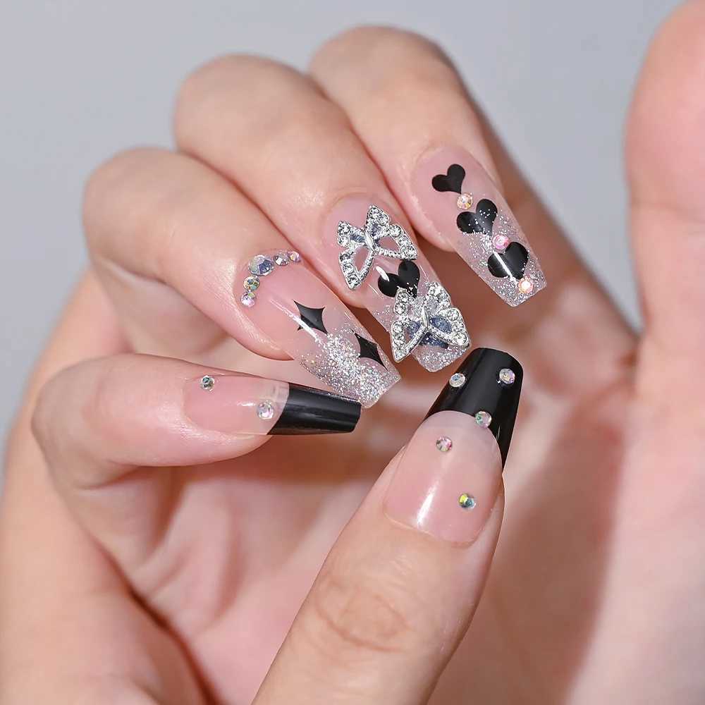 24 pieces of butterfly bow pressed nails long ballet fake nails Coffin wearable French fake nails complete set of ergonomic tips and extension W240905