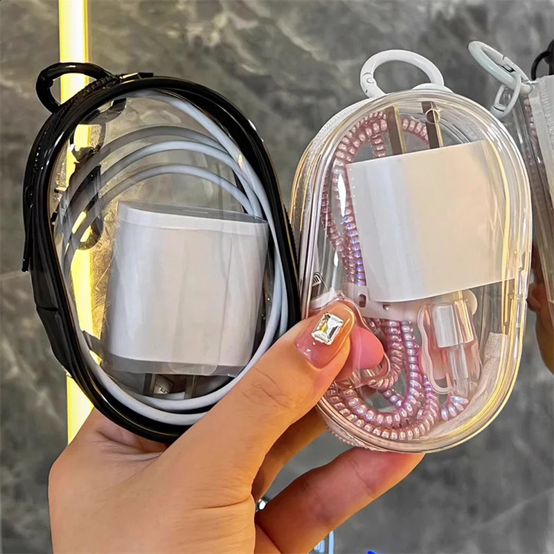 PT019,round black PVC transparent makeup jewelry organizer portable data cable headphones coin charger storage bag 240907