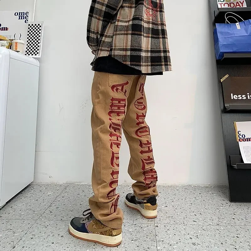 Embroidered straight jeans American style street small straight loose high street trousers trendy men and women 240905