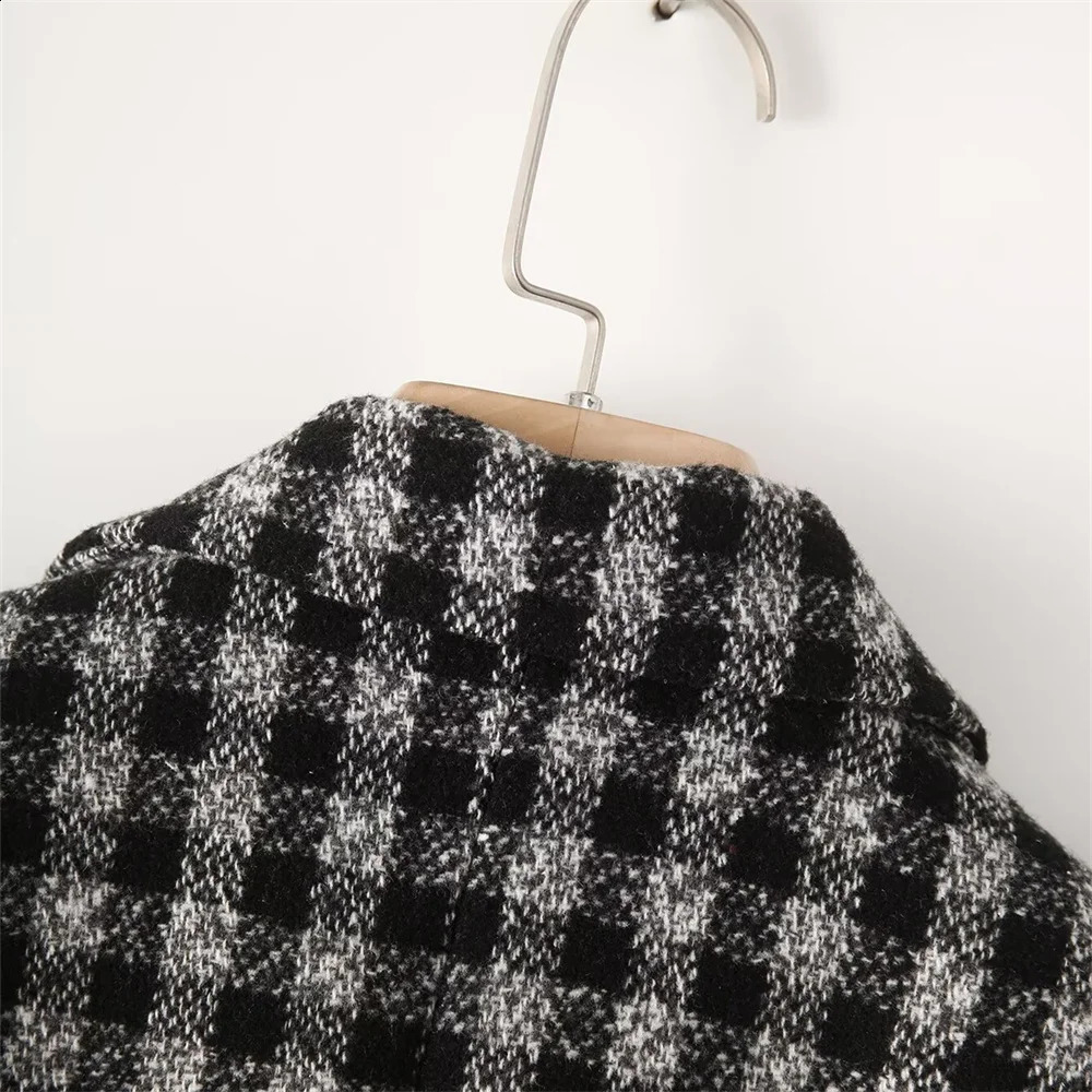 UNIZERA Autumn Product Womens Casual Versatile Double breasted Long Sleeve Look Skinny Woolen Checkered Suit Coat 240830