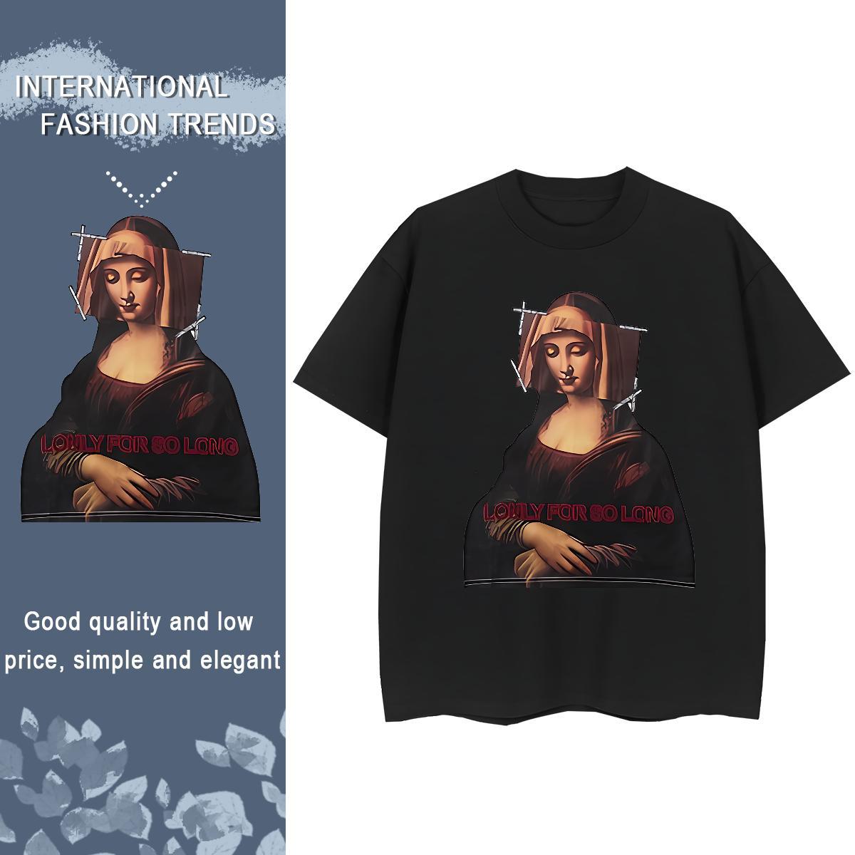 2024 DIY T Shirt For Woman 230g Cotton O Neck Short Sleeves Summer Casual Mona Lisa Women Tees Loose fit Cartoon Printing L-4XL Top Tees