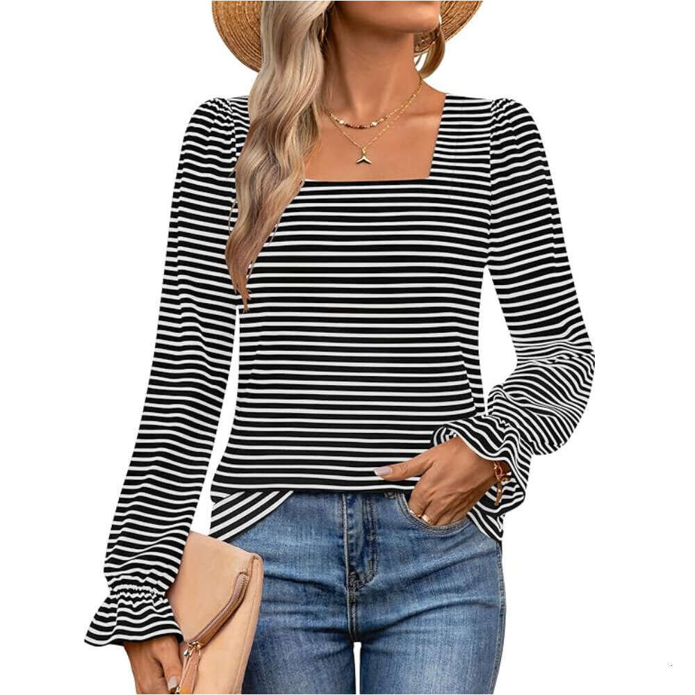 2024 womens autumn and winter new item square collar striped ruffle edge long sleeved T-shirt for women