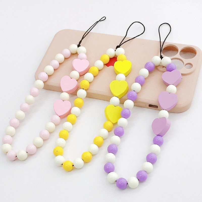 Yilian's new acrylic bead chain candy colored heart-shaped hanging anti fall hand rope phone case pendant