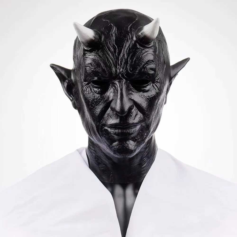Terror Demon Horn Mask Horror Dark Skin Devil Killer Latex Helmet Masquerade Carnival Halloween Cosplay Party Costume Adult Prop M240906