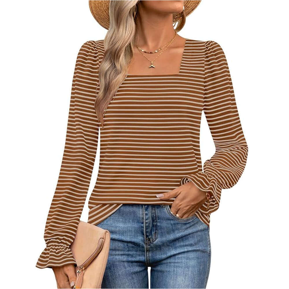 2024 womens autumn and winter new item square collar striped ruffle edge long sleeved T-shirt for women