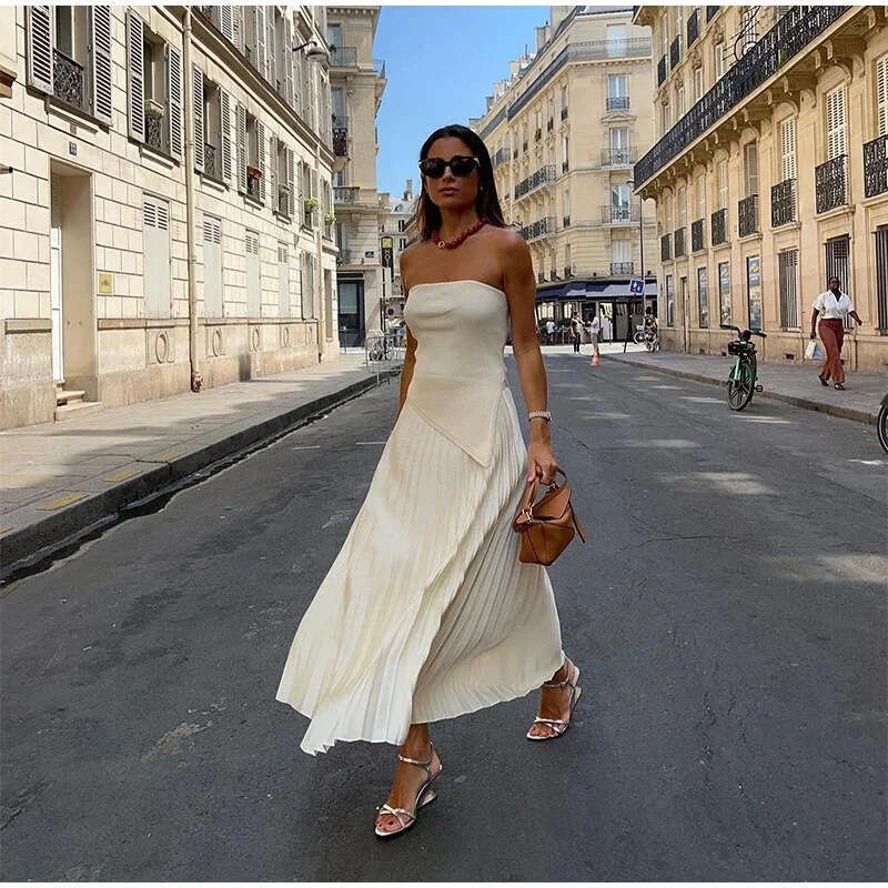 2024 Spring/Summer Women's Dress Elegant Solid Color strapless backless Top High Waist Skirt Set 8