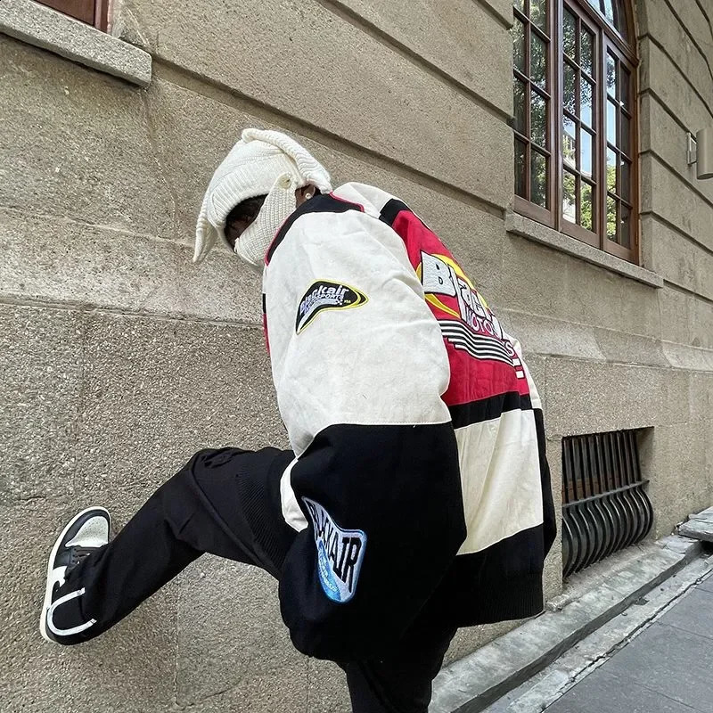 American style printed letter bomber jacket racing suit mens spring and autumn loose couple streetwear Korean fashion 240904