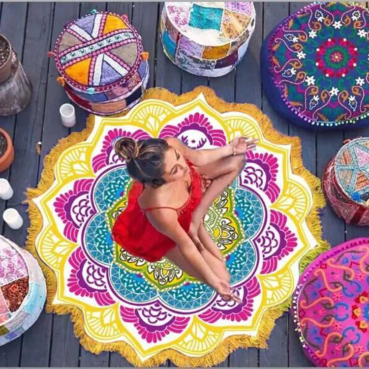 Yoga Mat Chakra Beach Towel Tassel Toalla Mandala Tapestry Sunblock Round Covering Bath Towel Lotus Bohemia 150cm W240906