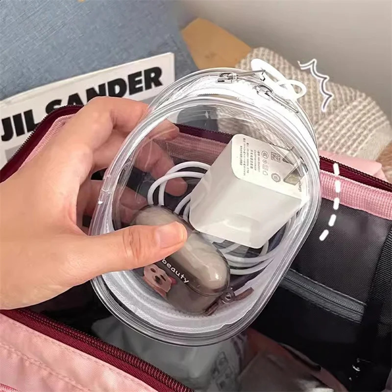 PT019,round black PVC transparent makeup jewelry organizer portable data cable headphones coin charger storage bag 240907
