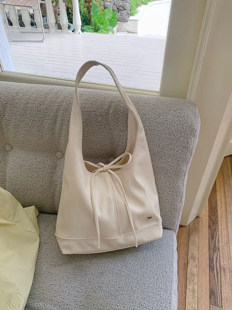 Chic Sweet Simplicity Tote Bag Women Elegant Solid Color Series Bow Shoulder Bag Portable Large Capacity Bag 241224
