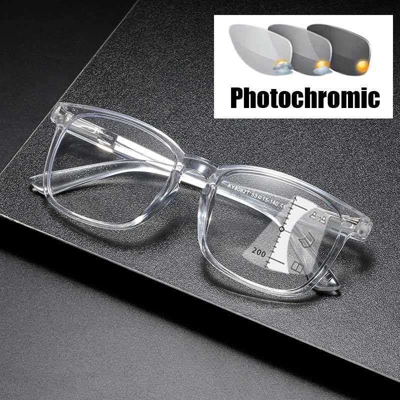Intelligent photochromic reading sunglasses for men retro color changing progressive multi focus elderly glasses W240907