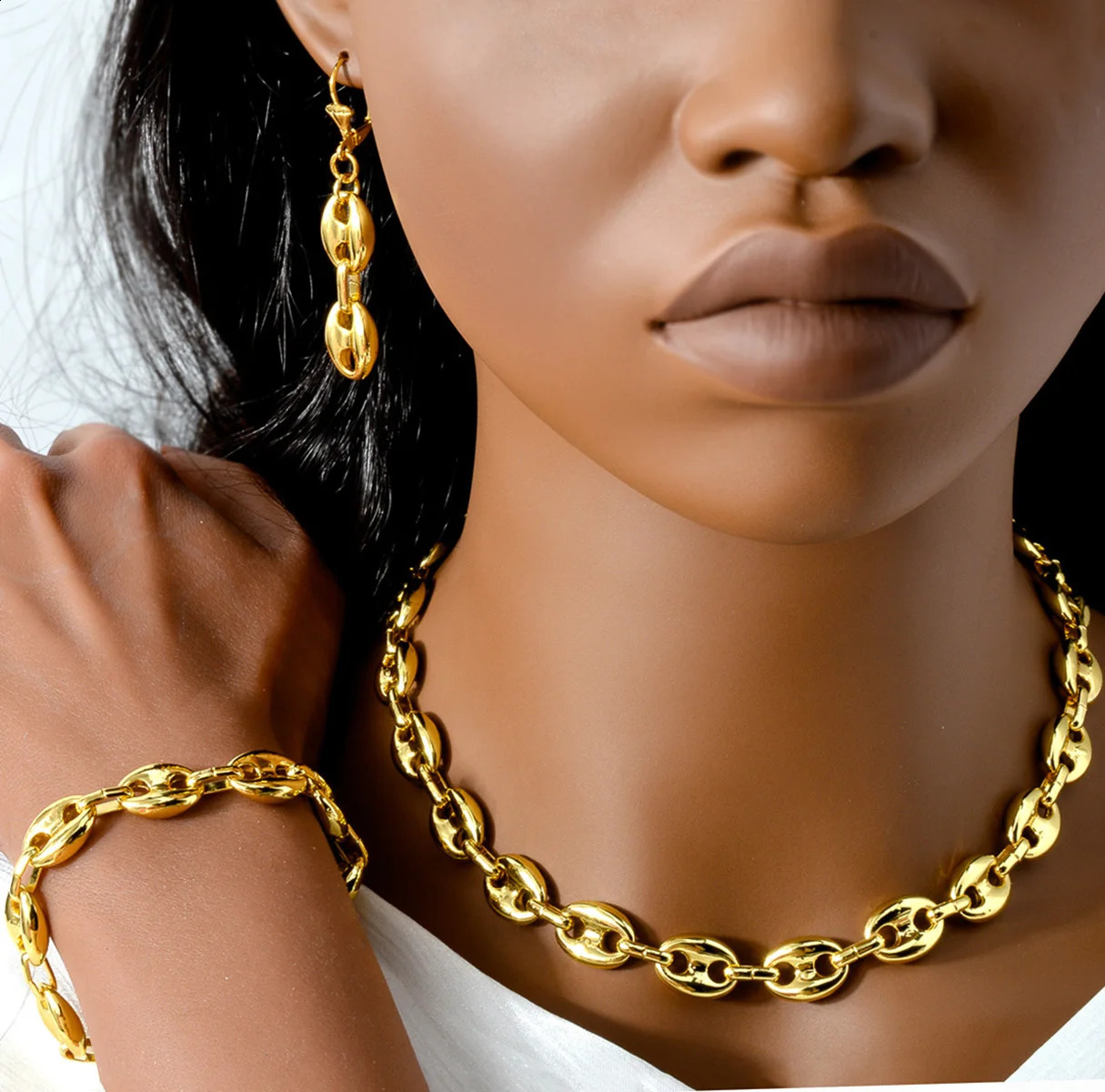 Sunny Jewelry Set 18K Gold Plated Coffee Bean Chains Necklaces Bracelet Earrings Pig Nose Necklace Bracelet Drop Earrings Gift 240826