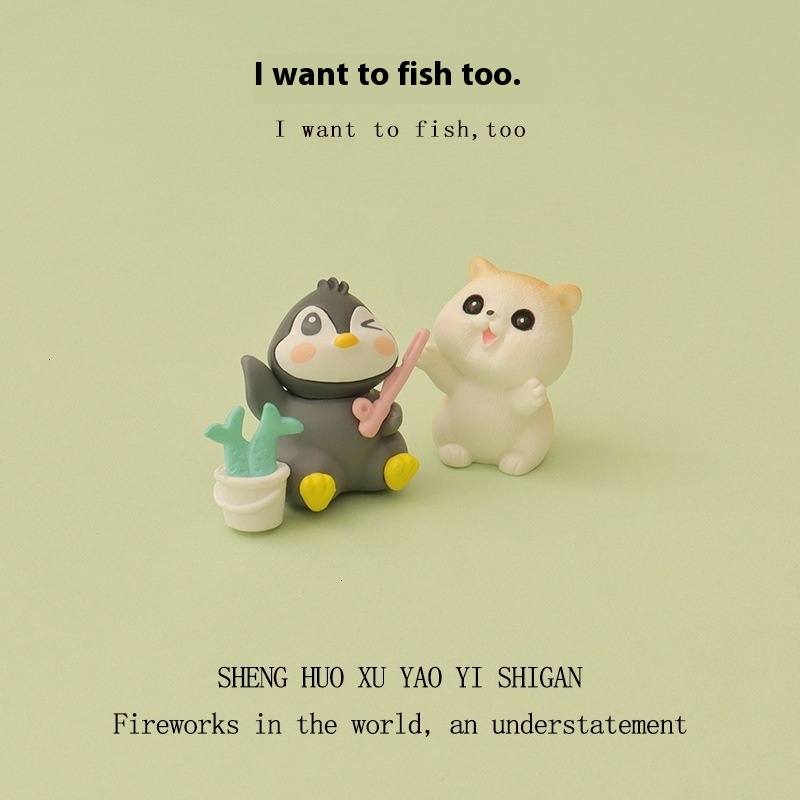 New Creative Cute Ins Kitten Penguin Fishing Micro Landscape Gardening DIY Home Decoration Desktop Ornament
