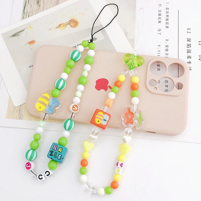 Yi Lian's New Candy Color Little Bee Chain Beaded Hanging Rope Anti drop Short Hand Bracelet Phone Case Decoration