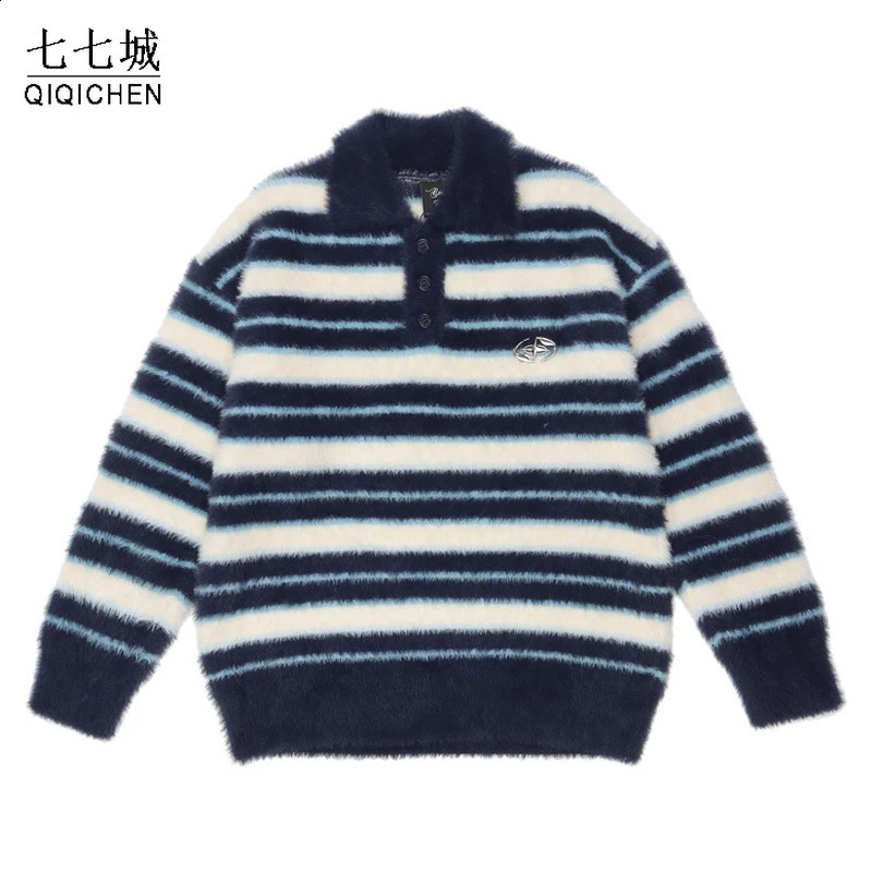 Harajuku Knitted Sweater Mens Y2K Mohair Pink Striped Turndoor Collar Pullover College Style Casual Loose Parachute Winter Top 240907