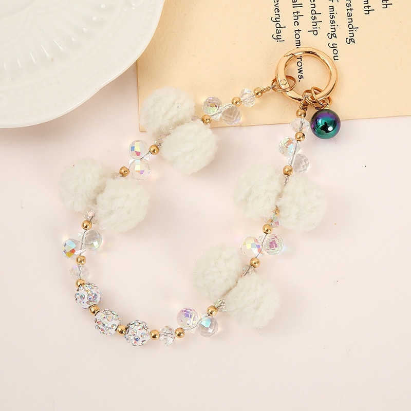 New crystal bead keychain pendant for autumn and winter plush mobile phone rope, anti lost bag chain hanging accessories