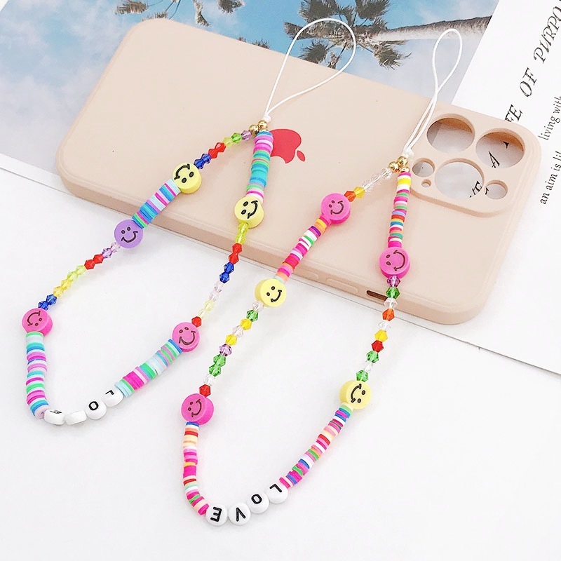 Yilian New Soft Ceramic Smiling Face Rope LOVE Letter Beaded Chain Phone Case Anti Drop Hanging Decoration Pendant