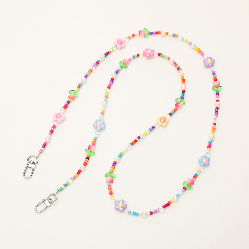 Yilian new colorful flower crossbody phone case rope five pointed star bead bag hanging decoration pendant shoulder strap chain