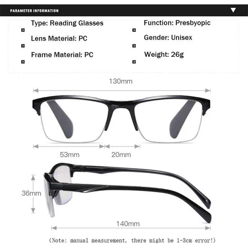 Ultralight square half frame reading glasses Presbyonic glasses for men+0.25 0.5 0.75 1.25 1.5 1.75 2.25 2.5 2.75 3 W240906