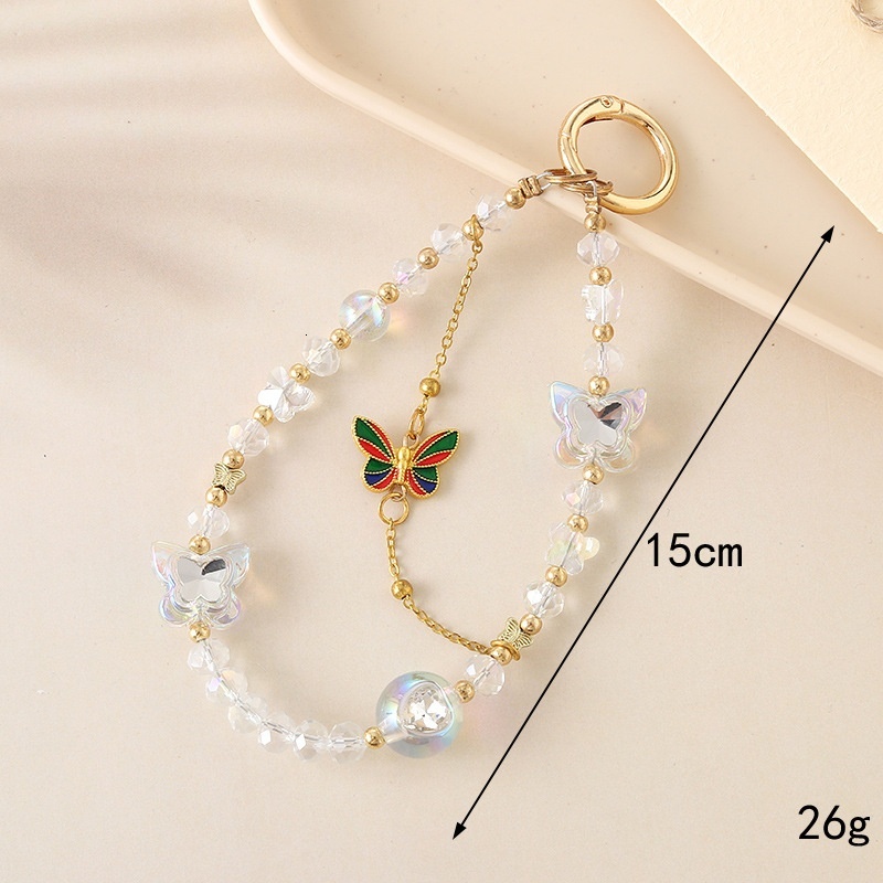 Creative new crystal bead ins versatile alloy butterfly pendant double chain mobile phone lanyard for women