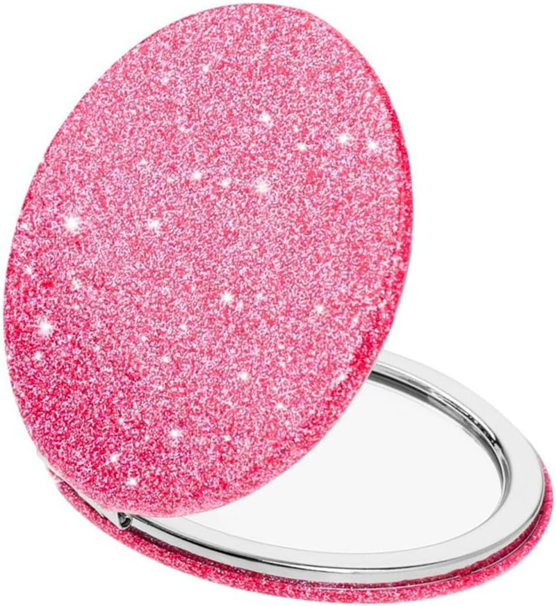 Cute Pink Compact Mirror for Women,Small Magnifying Travel Mirror with Glitter,Portable 2 x 1x Magnification Folding Pocket Makeup Mirror Cosmetic Mir