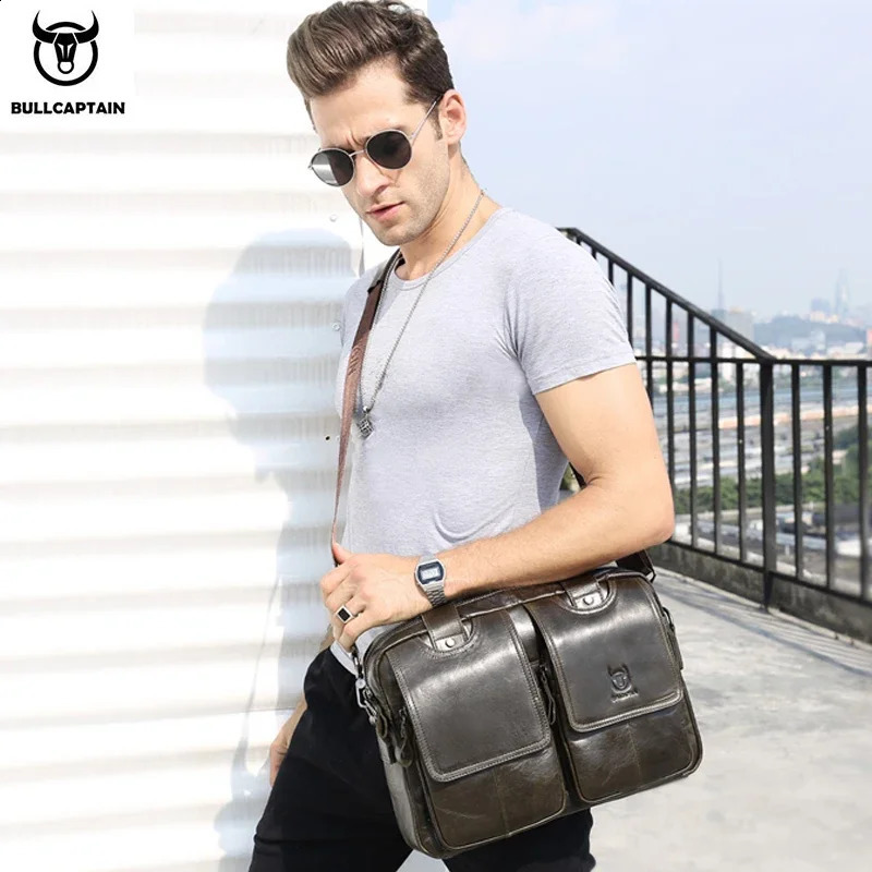 Bullcaptain mens genuine leather briefcase 14 inch laptop case casual shoulder messenger bag handbag work office 042 240906