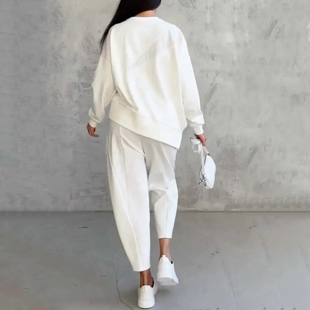 2 Pcs/Set Fall Spring Women Top Pants Set OL Commuting Sport Outfit Long Sleeves O Neck Irregular T-shirt Elastic Waist Trousers 250210