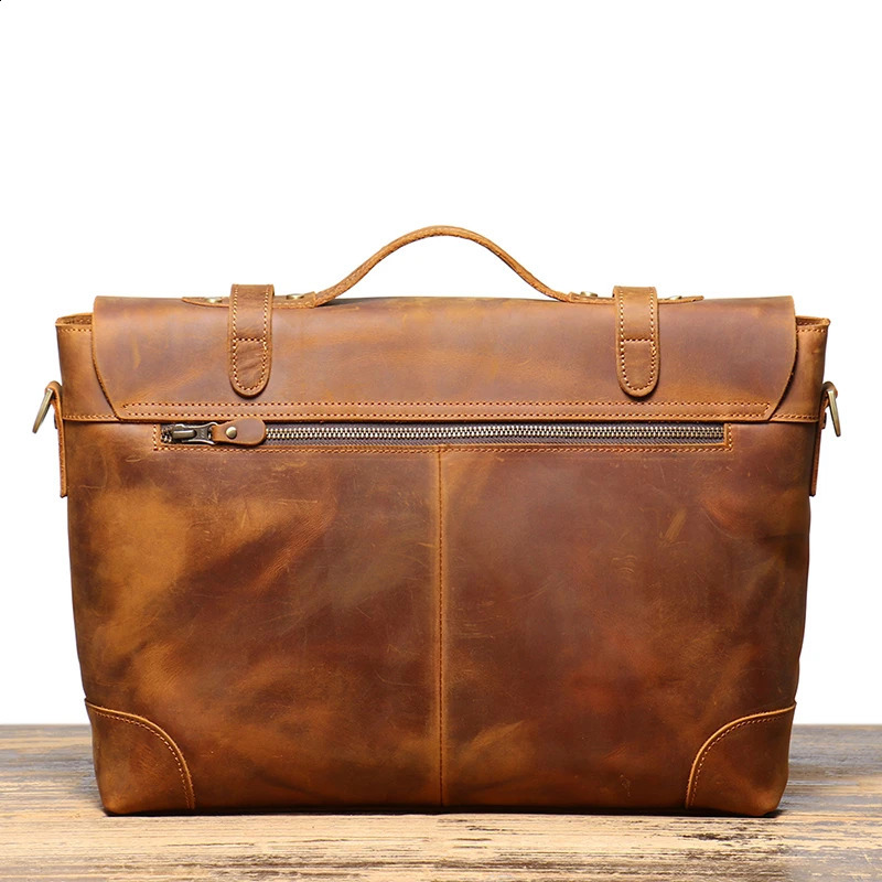 Leathfocus vintage leather briefcase fashion n mens New lightweight horizontal bag handbag 15 inch notebook 240906