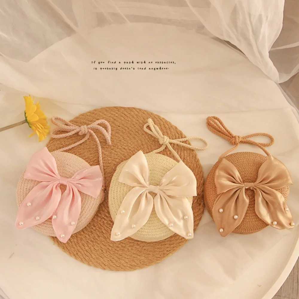 3-Color Preschool Girl Straw Cross Bag Cute Pearl Bow Round Shoulder Bag Mini Coin Wallet W240906