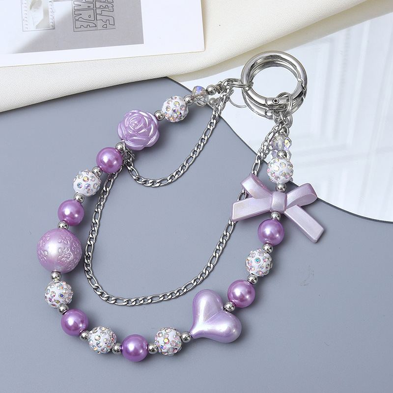 Creative new acrylic love bow double chain diamond ball mobile phone lanyard luggage keychain pendant