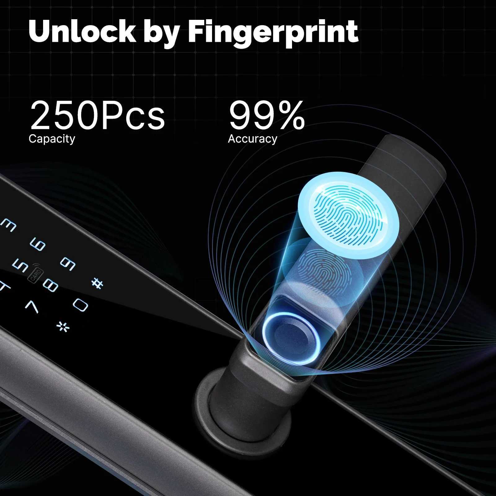 WiFi smart door lock indoor password fingerprint remote unlock key card tamper proof alarm battery power supply temporary charging CL240920