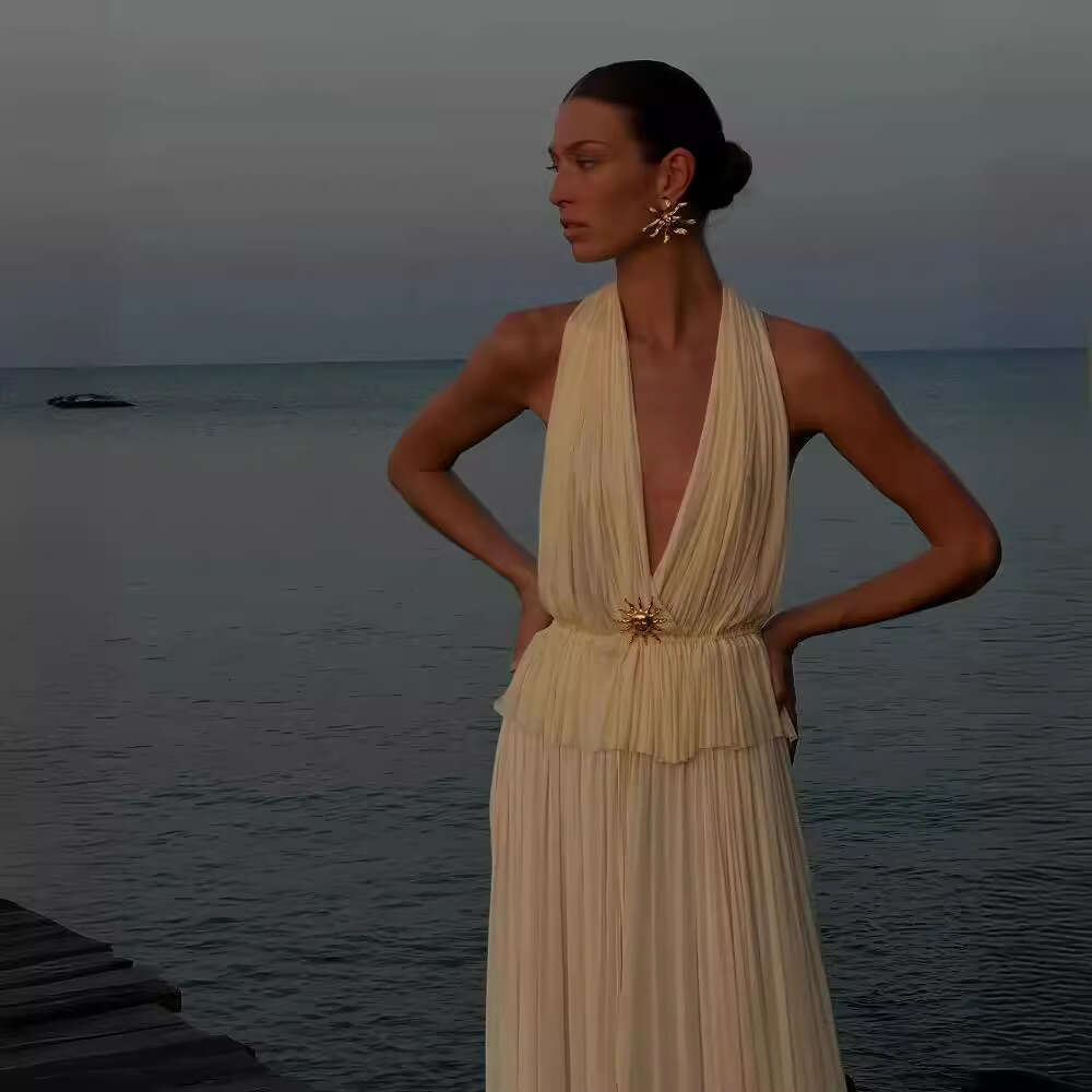 2024 spring/summer women's dress with elegant temperament, backless hanging neck top, pleated skirt set 8