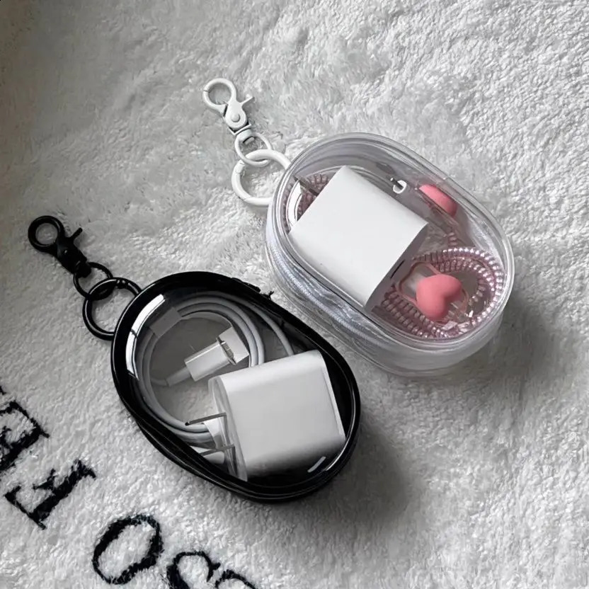 PT019,round black PVC transparent makeup jewelry organizer portable data cable headphones coin charger storage bag 240907