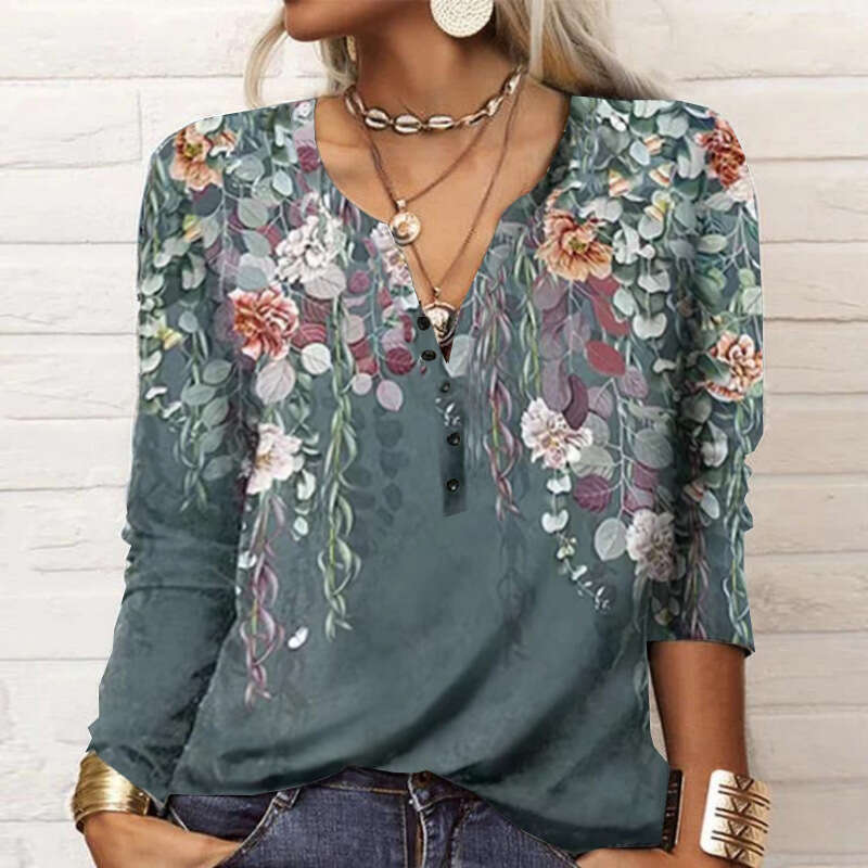 2024 Autumn and Winter New Womens Long Sleeve Printed Ethnic Fashion T-shirt Women