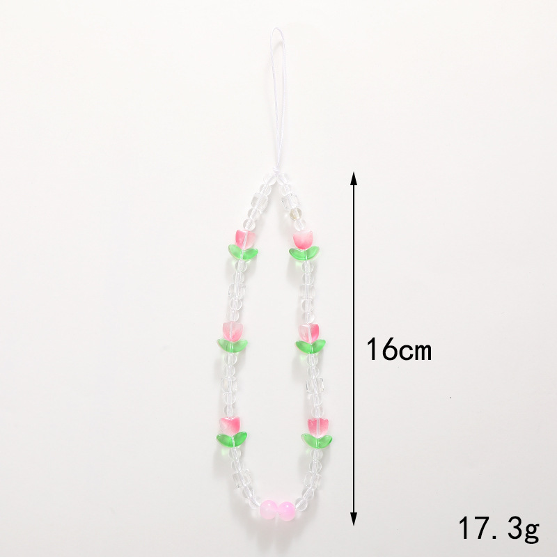 Korean version of early spring pink tulip flower girls, bead chain mobile phone case hanging ornament for girls