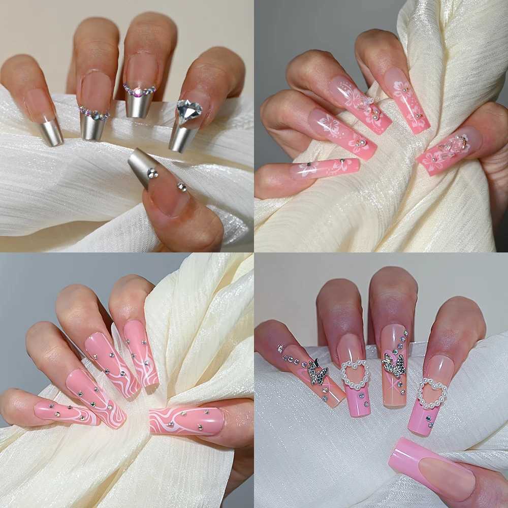 24 pieces of butterfly bow pressed nails long ballet fake nails Coffin wearable French fake nails complete set of ergonomic tips and extension W240905