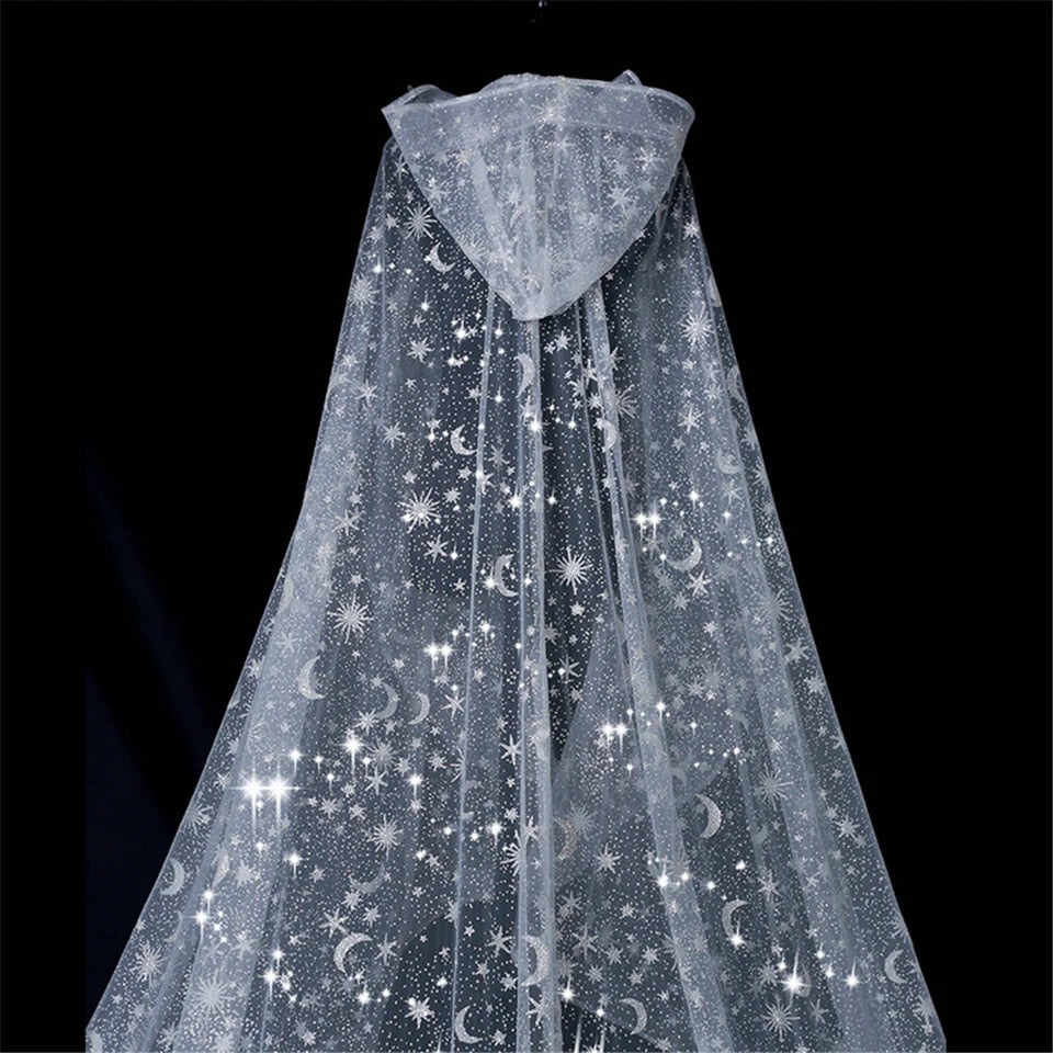 Glittery Hooded Wedding Cape Wrap Jacket Star and Moon Tulle Women Bridal Cloak Long Veil Bride Accessories Custom Made Church