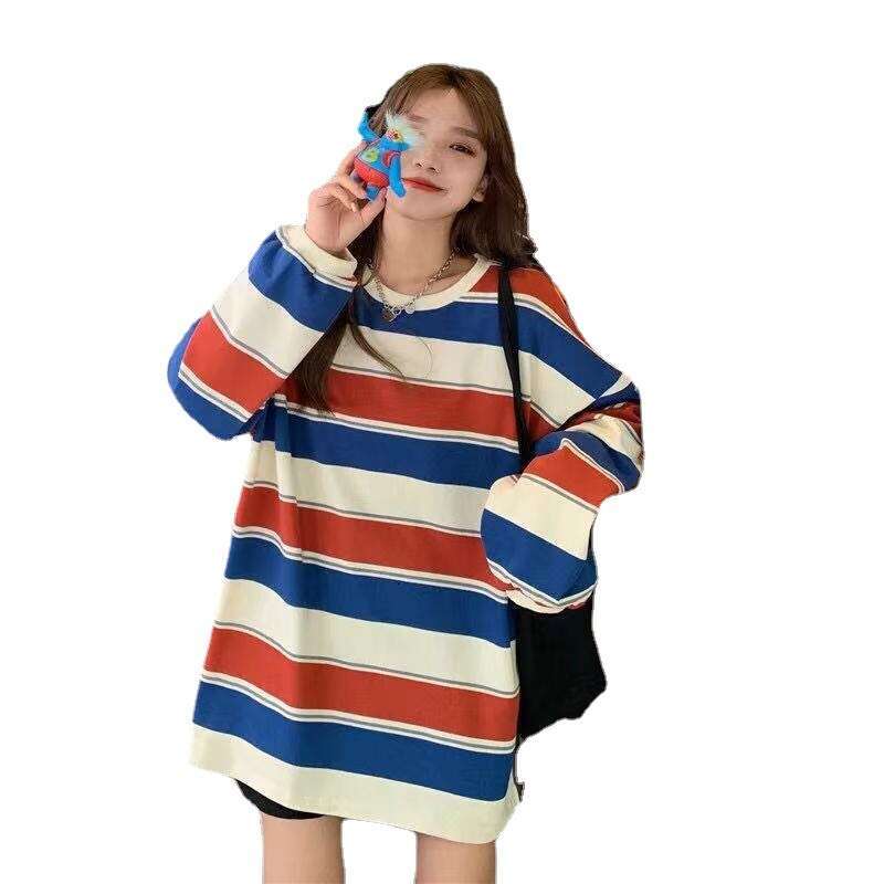 Thai internet celebrity t-shirt womens ins rainbow striped long sleeved top 2024 autumn wear Korean loose bottomed shirt