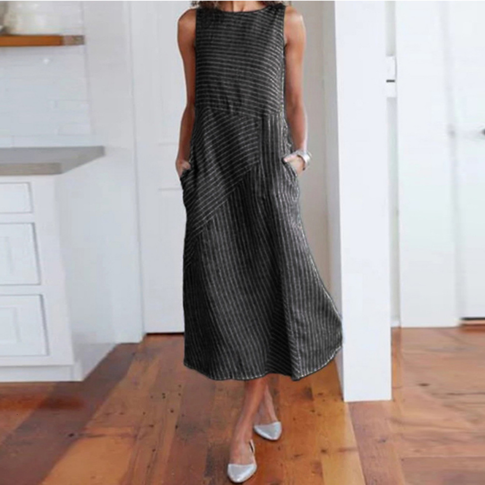 Stripe Round Neck Sleeveless Oversize Fitted Dress
