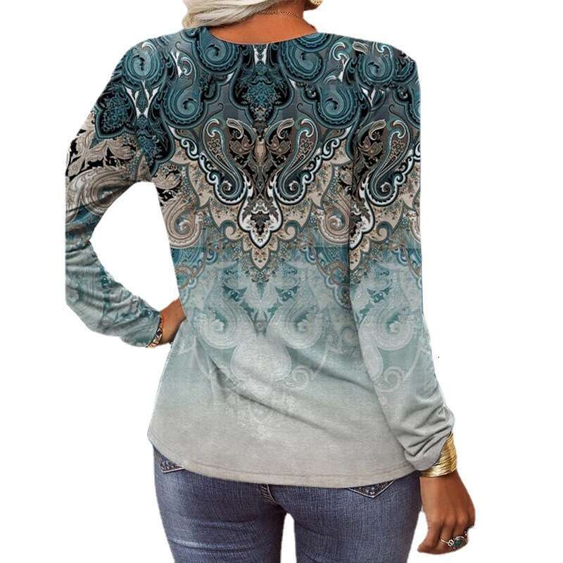 2024 Autumn and Winter New Womens Long Sleeve Printed Ethnic Fashion T-shirt Women