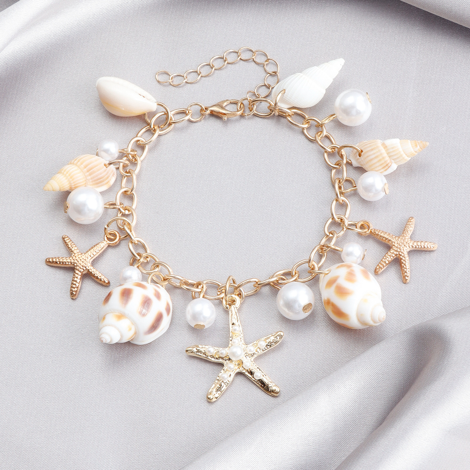 Fashion Beach Charm Bracelets Starfish Sea Shell Pearl Bracelet Gold Plated Zinc Alloy Chain Link Jewelry Party Birthday Travel Gifts Novelty