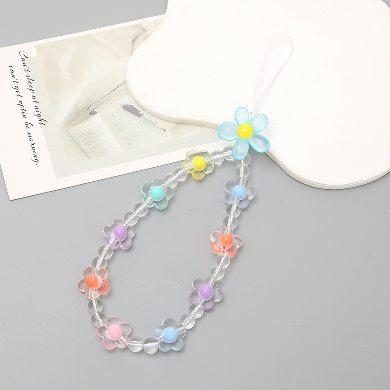 Acrylic flower chain bead mobile phone hanging anti fall wrist strap short hand rope for women