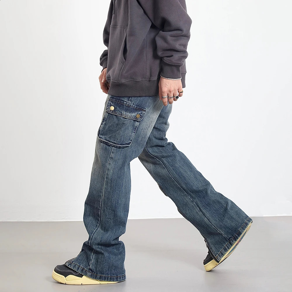 Commodity jeans mens large pocket straight leg bag street casual fashion autumn blue retro clothing winter 240904