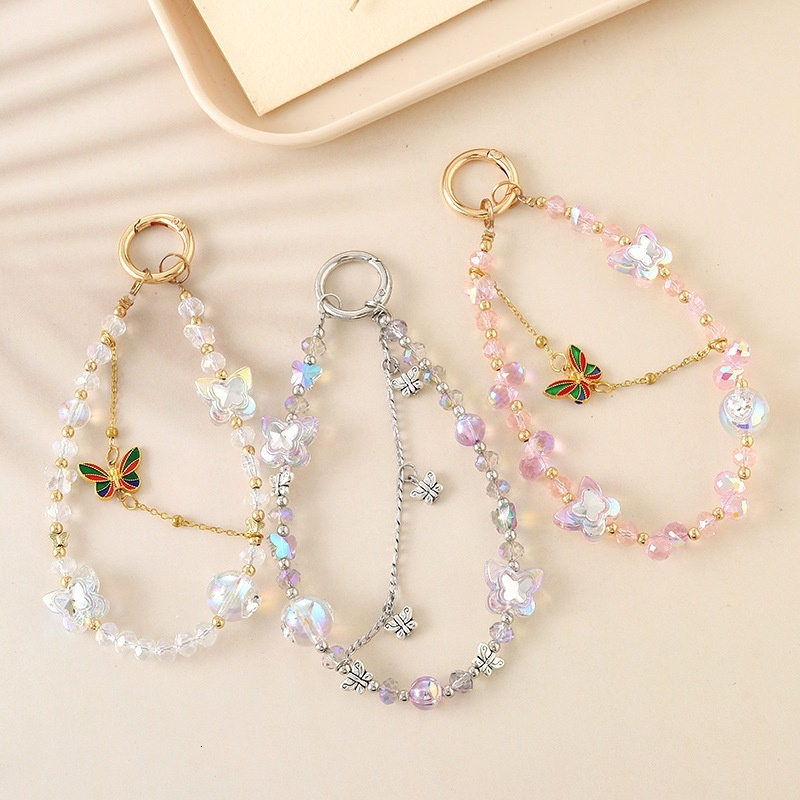 Creative new crystal bead ins versatile alloy butterfly pendant double chain mobile phone lanyard for women