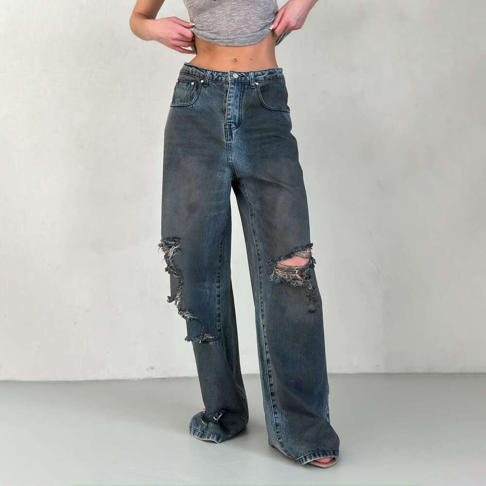 Cut through personalized denim pants, ripped holes, tassels, blue straight leg, loose jeans, street style, rebellious mom, fighting clothing