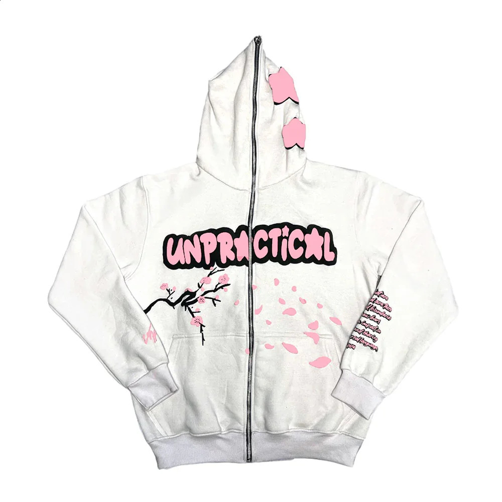Winter romantic cherry blossom letter pattern loose zipper hoodie y2k street Japanese niche clothing casual long-sleeved jacket 240905